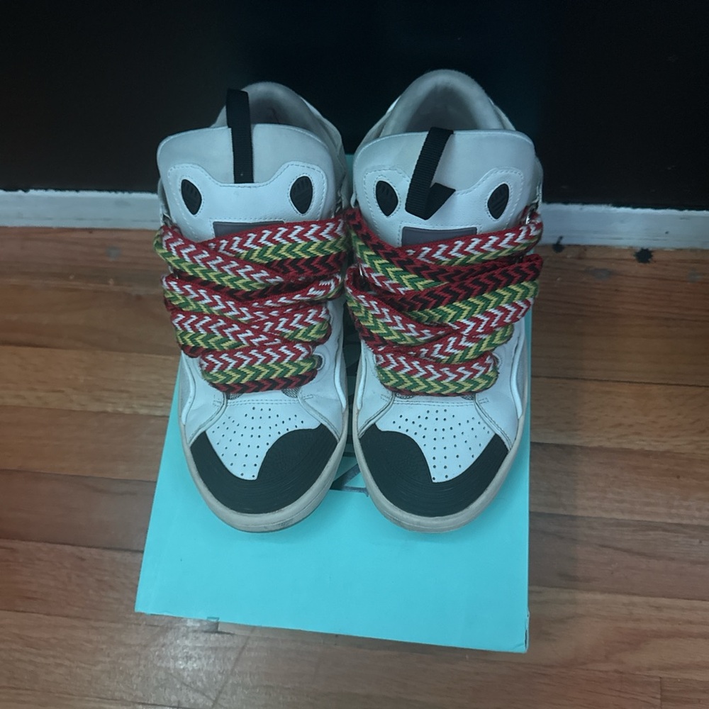Lanvin White and Black High-Top Sneakers with Multicolor Laces